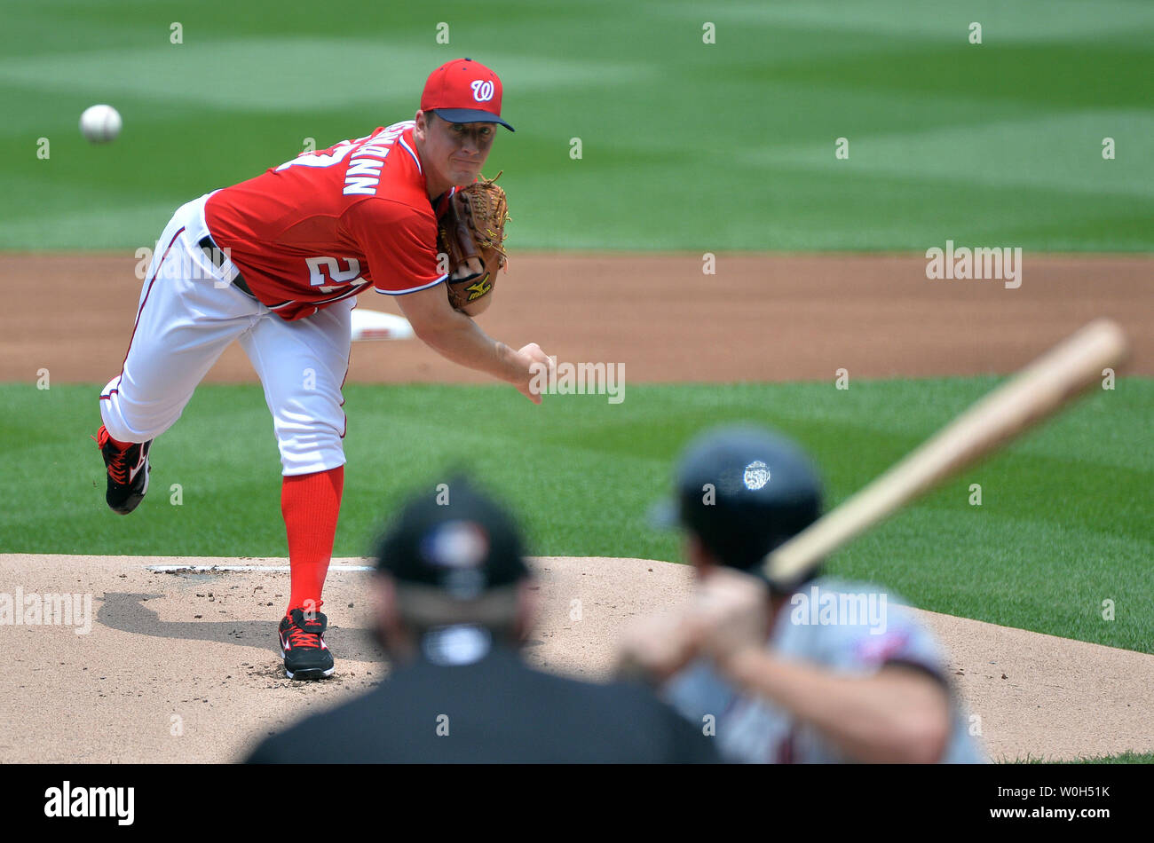 Washington Nationals pitcher Jordan Zimmermann pitches against the Minnesota Twins during the first inning at Nationals Park in Washington, D.C. on June 9, 2013.  UPI/Kevin Dietsch Stock Photo