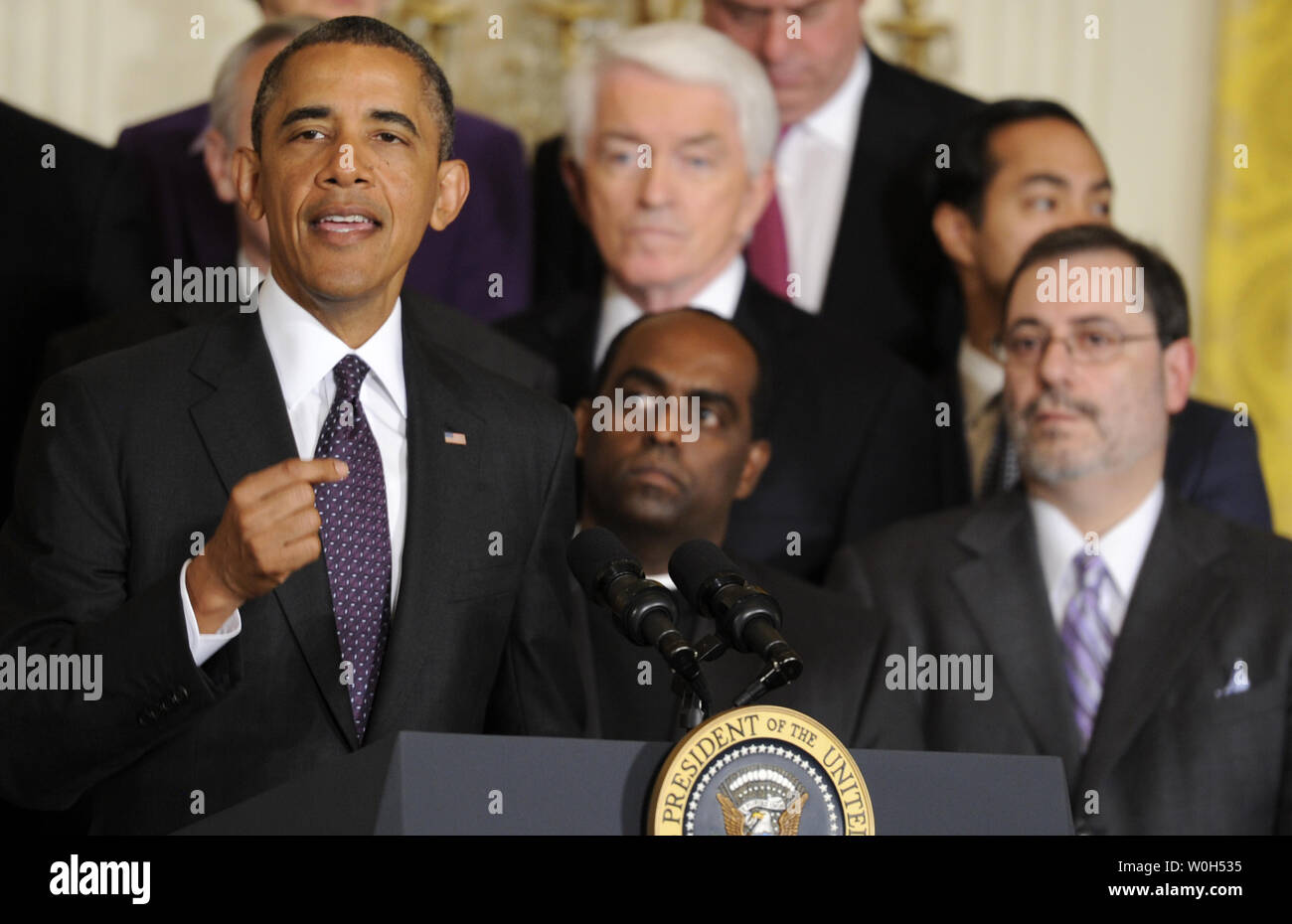 US President Barack Obama makes remarks to support immigration legislation before Congress, in the East Room of the White House, June 11, 2013, Washington, DC. The bipartisan negotiations on Capitol Hill continue with heated debate on issues like amnesty for current illegal aliens.           UPI/Mike Theiler Stock Photo