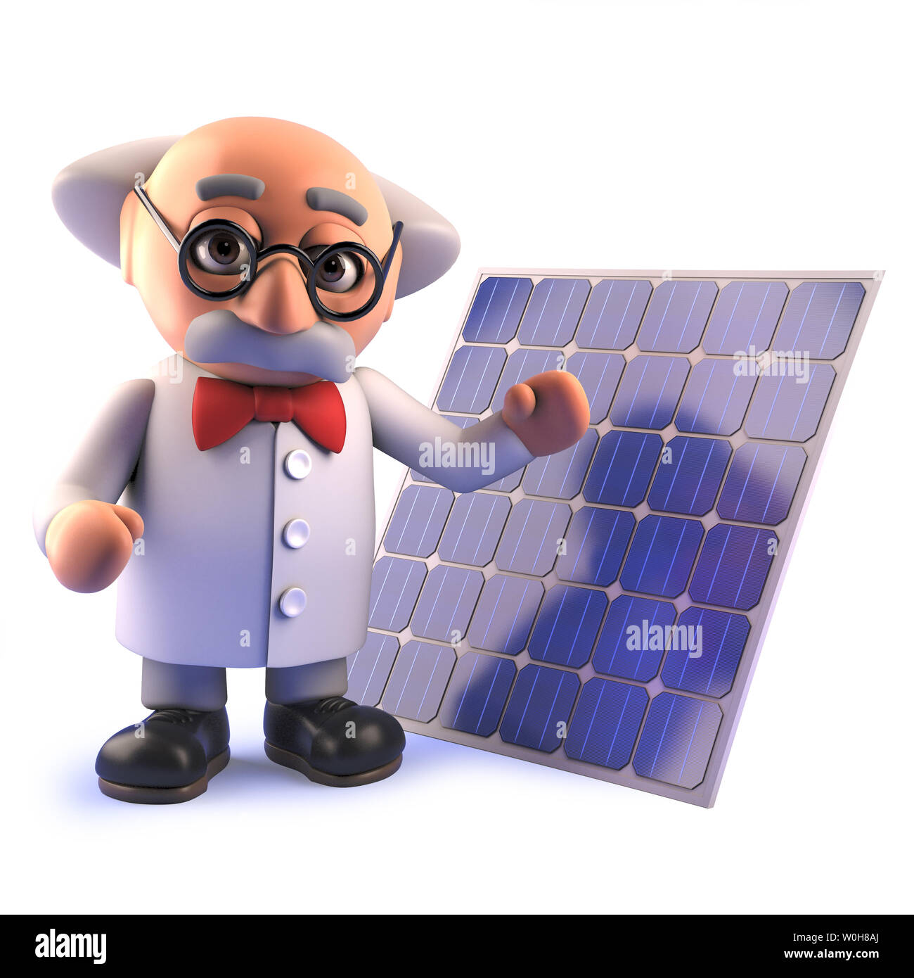 Rendered image in 3d of a 3d cartoon mad professor scientist character with a solar cell energy panel Stock Photo