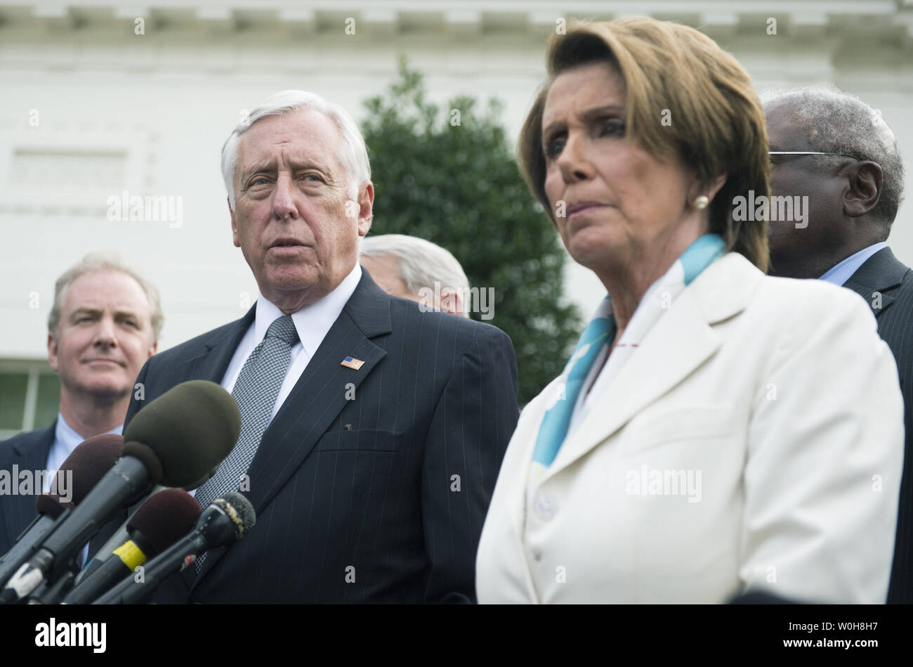 House Minority Whip Steny Hoyer (D-MD) speaks to the media following a meeting with President Barack Obama on the debt limit and reopening the government at the White House in Washington, D.C. on October 15, 2013. Hoyer was joined by Rep. Chris Van Hollen (D-MD) (L) and House Minority Leader Nancy Pelosi (D-MD). UPI/Kevin Dietsch Stock Photo