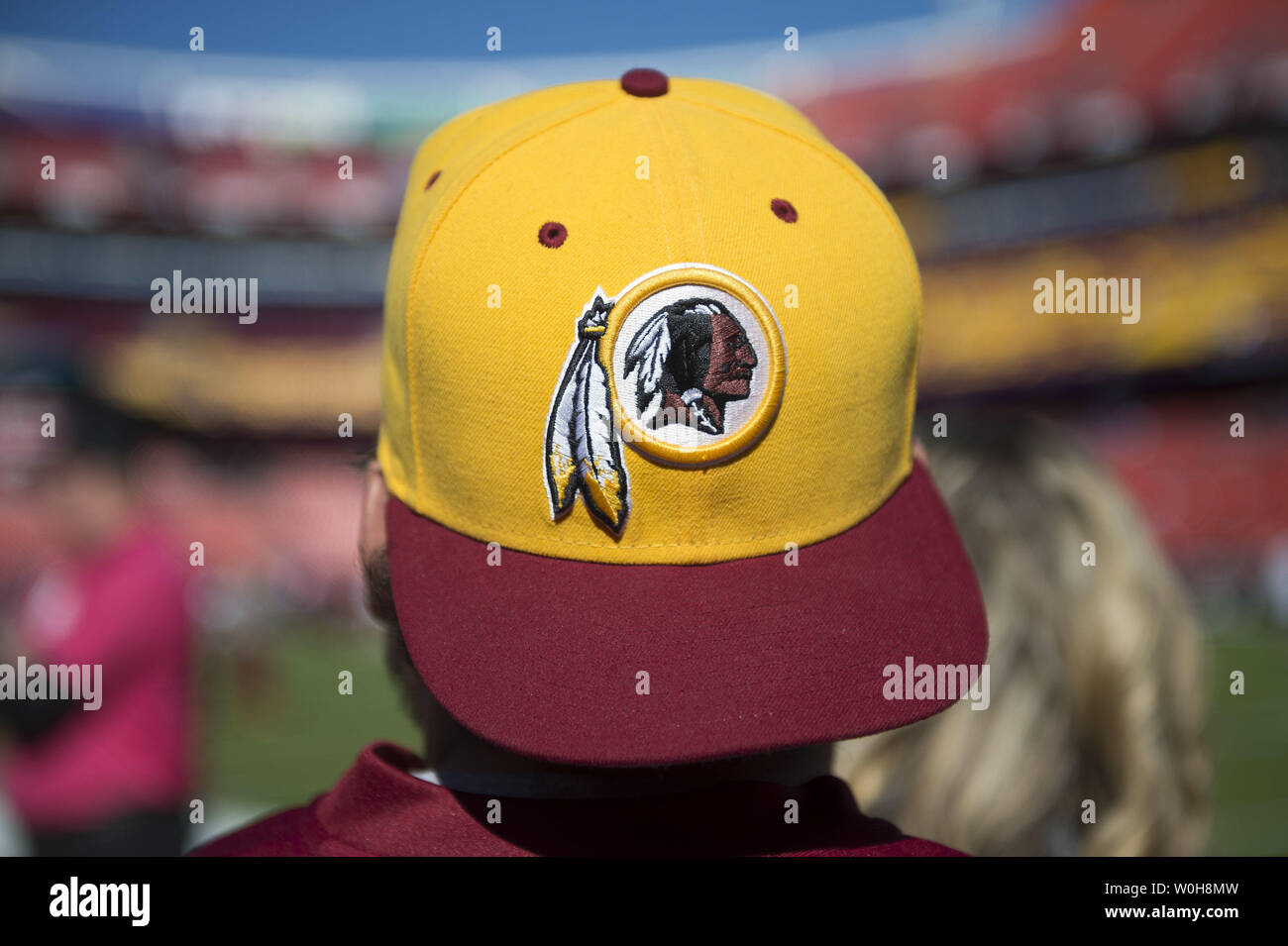 A Washington Redskins logo is seen on a hat prior to the Redskins game  against the