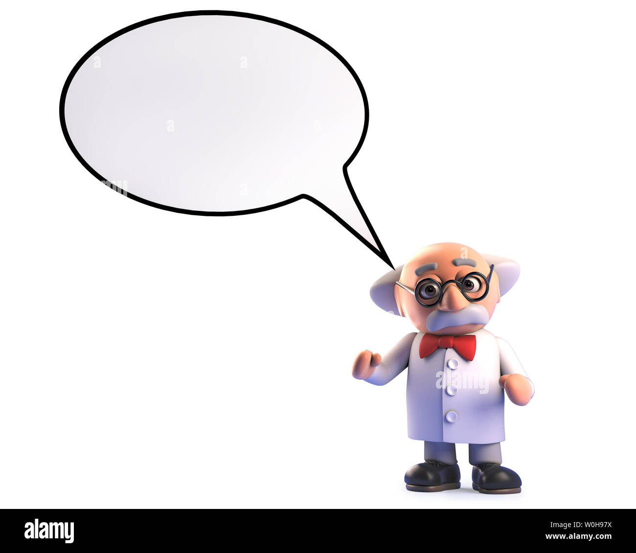 Rendered image of a crazy mad professor scientist with speech bubble, 3d illustration Stock Photo