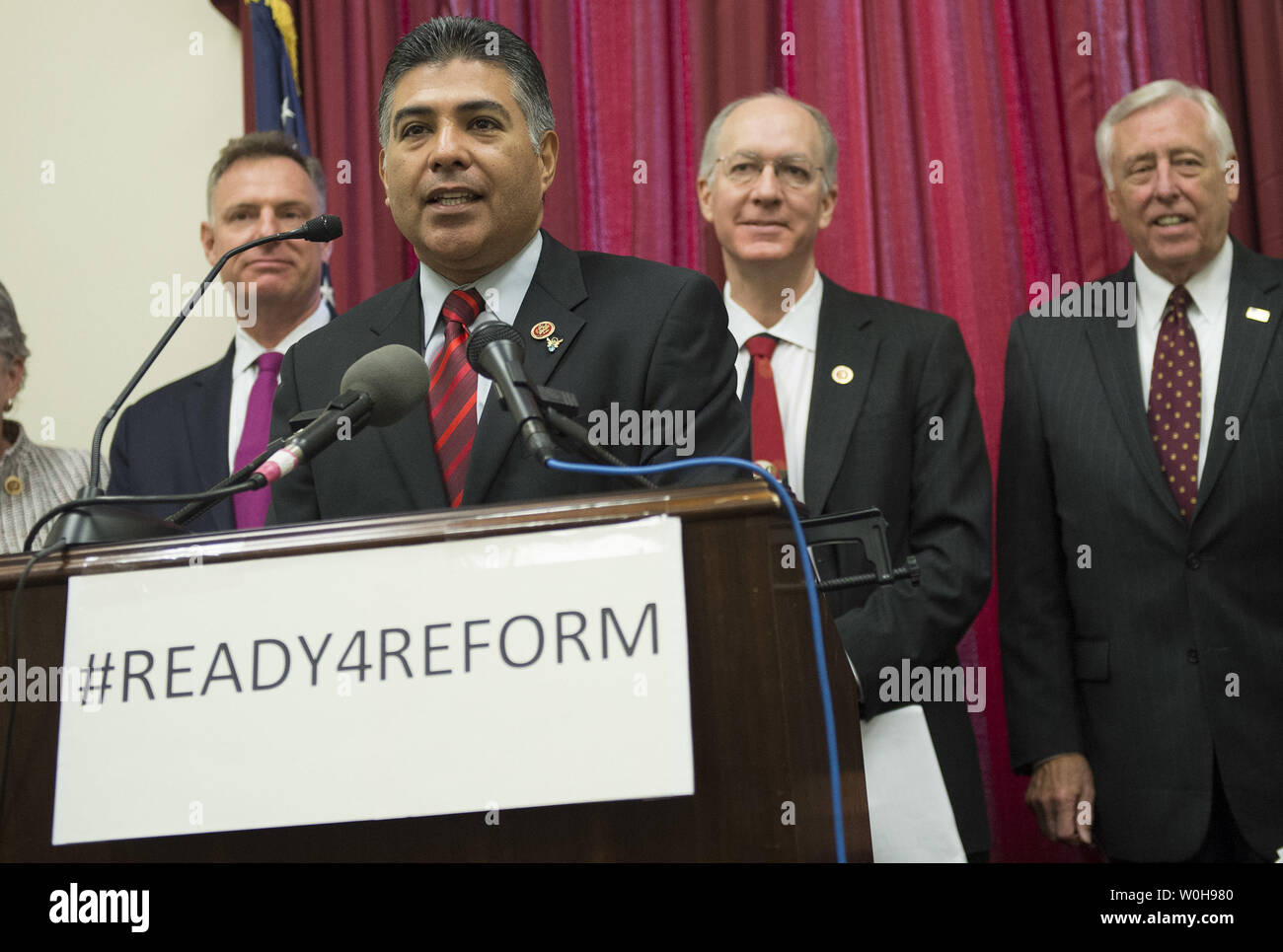 Rep. Tony Cardenas (D-CA) speaks at a press conference on immigration reform as he is joined by freshmen members of the House of Representatives, on Capitol Hill in Washington, D.C., November 13, 2013. UPI/Kevin Dietsch Stock Photo