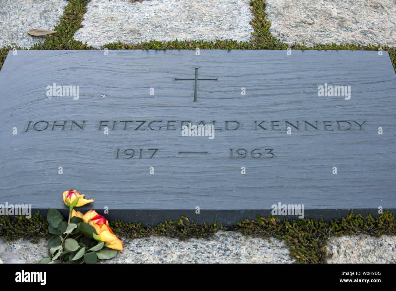 Flowers lay beside the grave of President John Fitzgerald Kennedy at Arlington National Cemetery in Arlington, Virginia on November 18, 2013.  Kennedy was the 35th president of the United States and November 22nd will mark the 50th Anniversary of his assassination in Dallas, Texas.    UPI/Pat Benic Stock Photo
