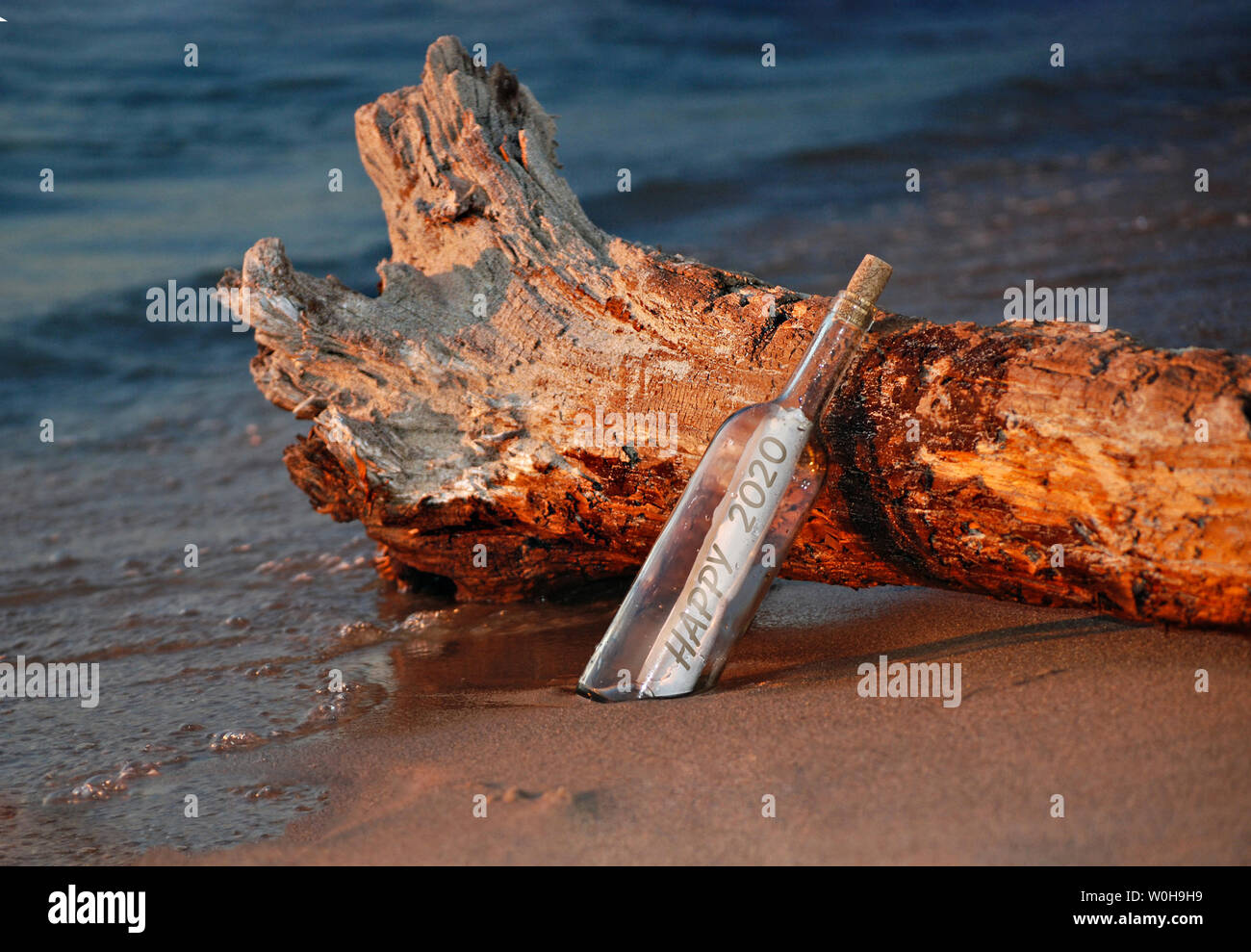 New Year 2020 message in a bottle on weathered driftwood log in sunset glow on beach Stock Photo
