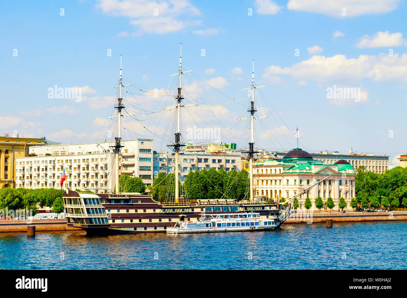 St Petersburg, Russia - June 6, 2019.Petrovsky embankment, Neva river and frigate Grace in St Petersburg, Russia.Frigate is a historical reconstructio Stock Photo