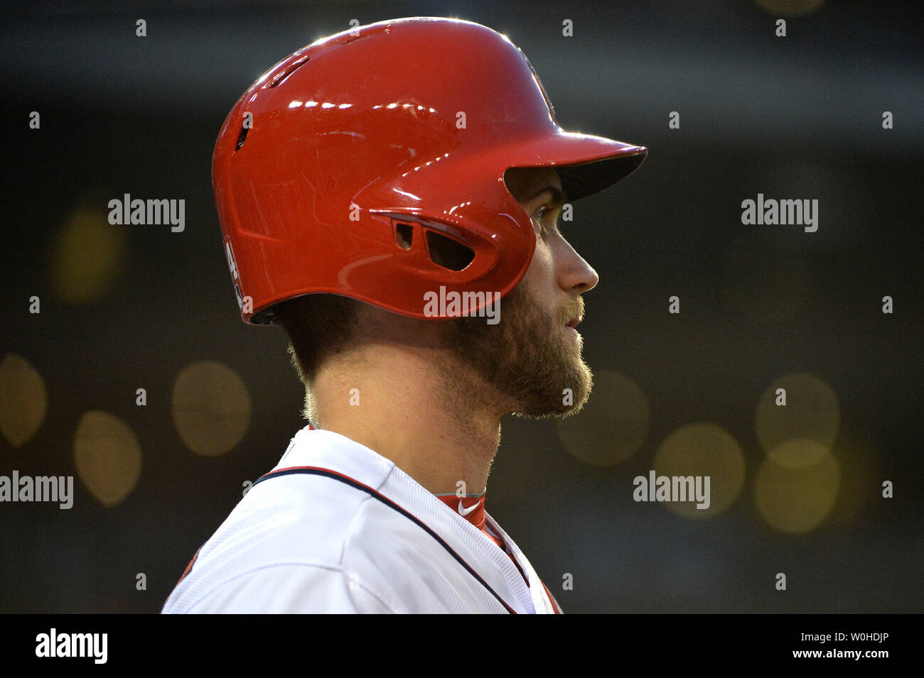 Washington Nationals Bryce Harper waits to bat in the third inning against the L.A. Agnles at Nationals Park in Washington, D.C. on April 23, 2014.  UPI/Kevin Dietsch Stock Photo