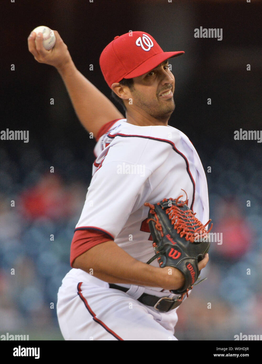 Washington Nationals pitcher Gio Gonzalez pitches against the L.A. Angles in the first inning at Nationals Park in Washington, D.C. on April 23, 2014.  UPI/Kevin Dietsch Stock Photo