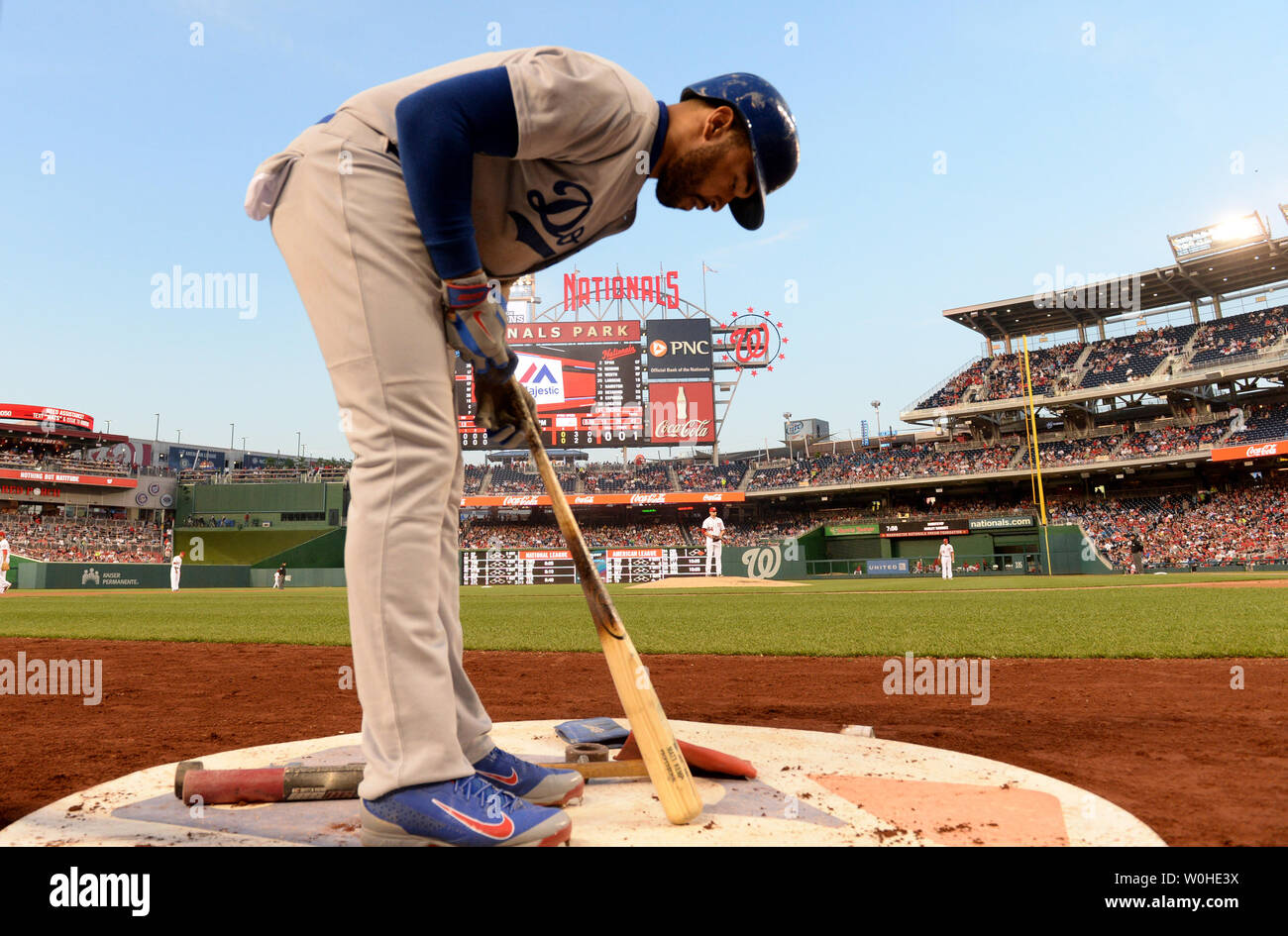Los Angeles Dodgers Matt Kemp gets ready in the batting circle in the fourth inning of game against the Washington Nationals at Nationals Stadium in Washington, DC on May 6, 2014.   UPI/Pat Benic Stock Photo