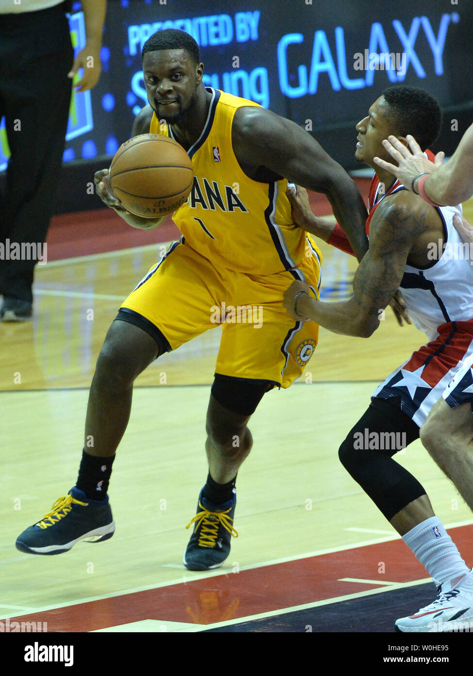 Indiana Pacers guard Lance Stephenson (1) drives to the basket against Washington Wizards guard Bradley Beal (3) during the 1st half of game six of the Eastern Conference Semifinals at the Verizon Center in Washington, D.C. on May 15, 2014. UPI/Kevin Dietsch Stock Photo