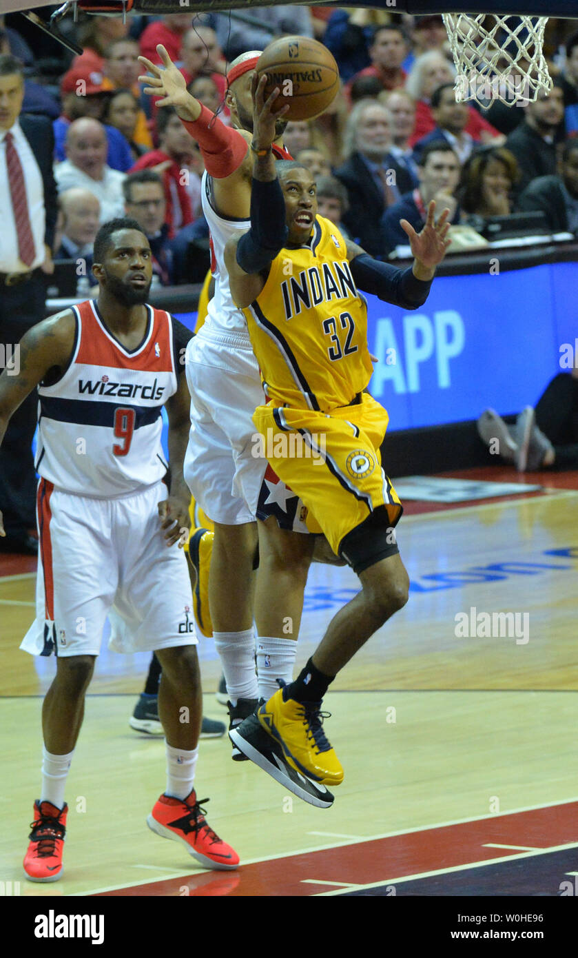 Indiana Pacers guard C.J. Watson (32) drives to the basket against the Washington Wizards during the 1st half of game six of the Eastern Conference Semifinals at the Verizon Center in Washington, D.C. on May 15, 2014. UPI/Kevin Dietsch Stock Photo