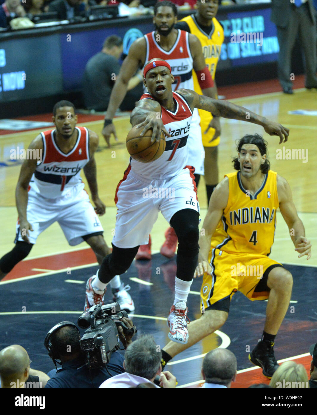 Washington Wizards forward Al Harrington (7) saves the ball from going out of bounds as the Wizards play the Indiana Pacers during the 1st half of game six of the Eastern Conference Semifinals at the Verizon Center in Washington, D.C. on May 15, 2014. UPI/Kevin Dietsch Stock Photo