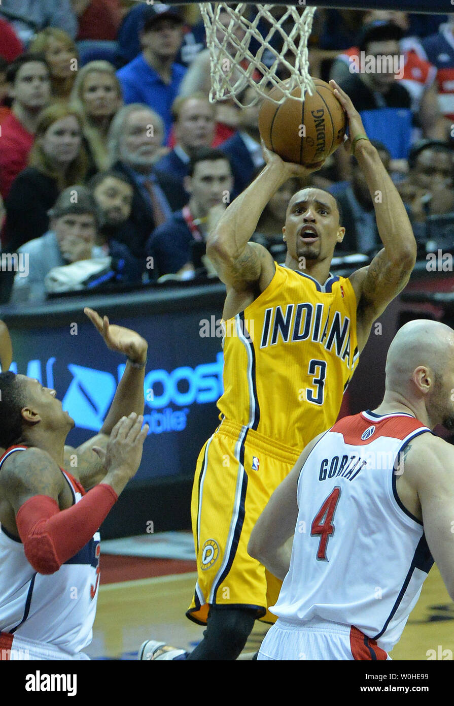 Indiana Pacers guard George Hill (3) shoots for three against the Washington Wizards during the 1st half of game six of the Eastern Conference Semifinals at the Verizon Center in Washington, D.C. on May 15, 2014. UPI/Kevin Dietsch Stock Photo