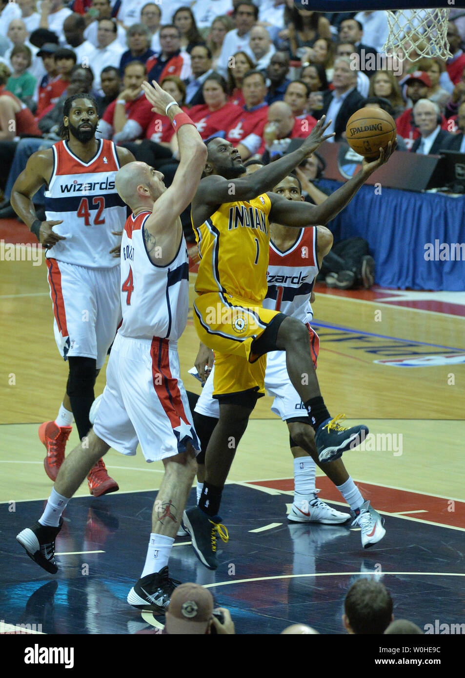 Indiana Pacers guard Lance Stephenson (1) drives to the basket against the Washington Wizards during the 1st half of game six of the Eastern Conference Semifinals at the Verizon Center in Washington, D.C. on May 15, 2014. UPI/Kevin Dietsch Stock Photo