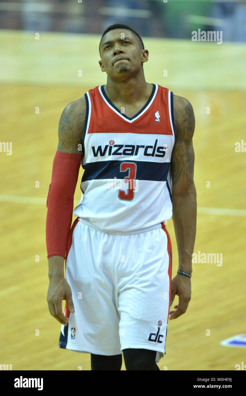 Washington Wizards Bradley Beal reacts as the Wizards play the Indiana Pacers in game six of the Eastern Conference Semifinals at the Verizon Center in Washington, D.C. on May 15, 2014. The Pacers defeated the Wizards 93-80 and advance to the Eastern Conference finals. UPI/Kevin Dietsch Stock Photo