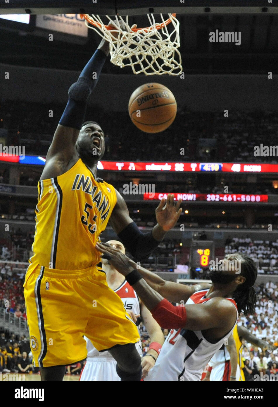 Indiana Pacers' Roy Hibbert shoots over Washington Wizards center