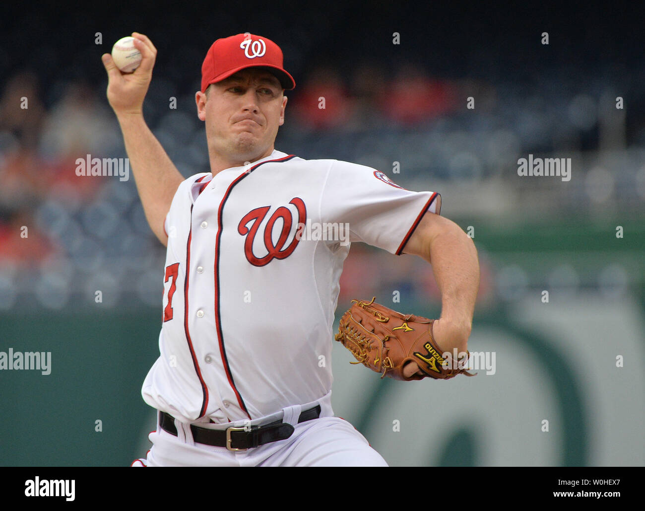 Washington Nationals Jordan Zimmermann pitches against the Miami Marlins in the first inning at Nationals Park in Washington, D.C. May 28, 2014.  UPI/Kevin Dietsch Stock Photo