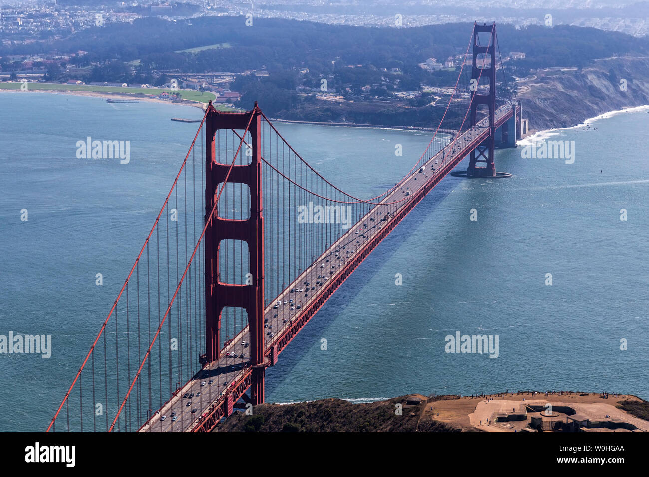Aerial view of the Golden Gate Bridge and San Francisco Bay on the scenic California coast. Stock Photo