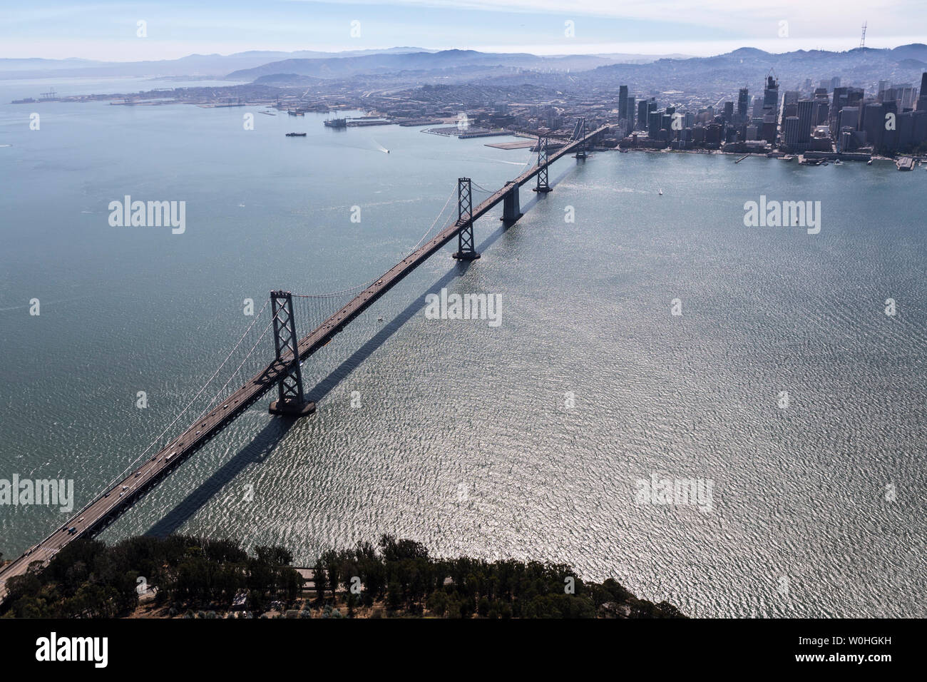 Aerial view of the Golden Gate Bridge and San Francisco bay on the scenic California coast. Stock Photo