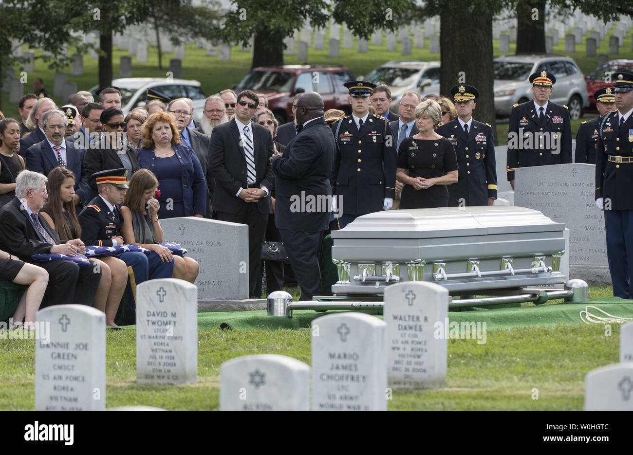 The graveside service for Army Maj. Gen. Harold J. Greene is held at Arlington National Cemetery on August 14, 2014 in Arlington, Virginia. Greene was shot and killed by a uniformed Afghan soldier while Greene was visiting a military academy in Kabul. UPI/Kevin Dietsch Stock Photo
