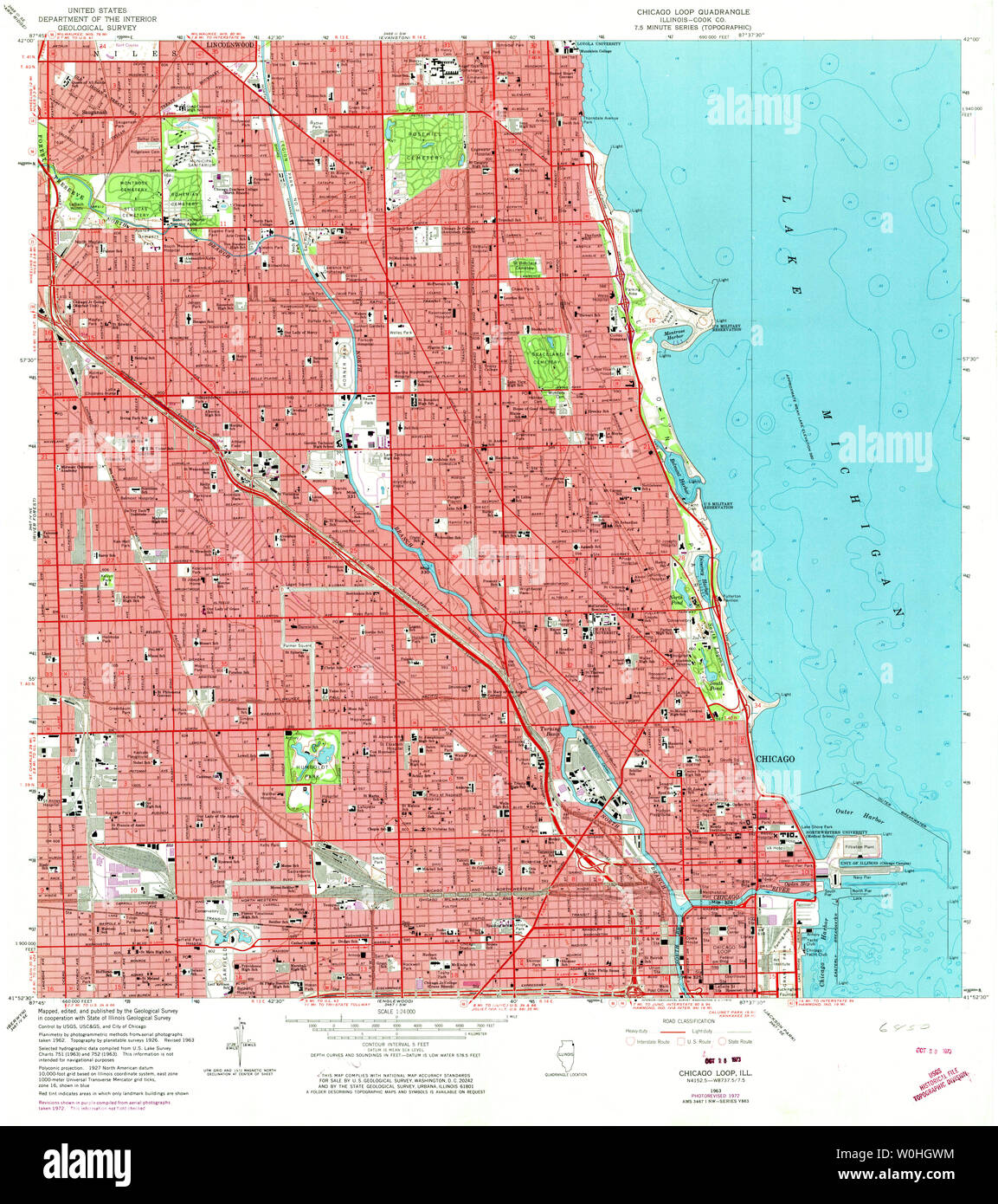 USGS TOPO Map Illinois IL Chicago Loop 307269 1963 24000 Restoration Stock Photo