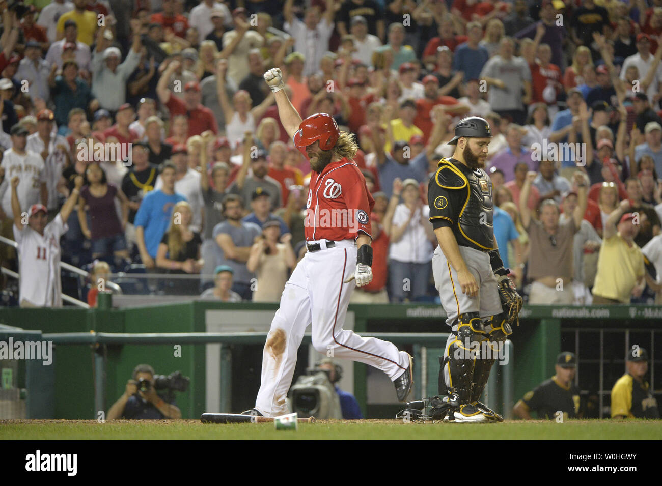 Pittsburgh Pirates catcher Russell Martin (55) looks to the umpire in the  sixth inning of the 11 inning 2-1 win over the St. Louis Cardinals at PNC  Park in Pittsburgh, on July