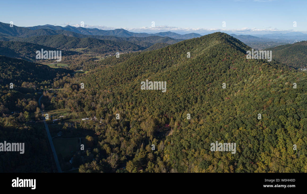 Aerial Drone Landscape Photography Scenic Colorful Green Forest North Carolina Mountains Mountain Range Panorama Blue Sky Scattered Clouds Outdoor Stock Photo