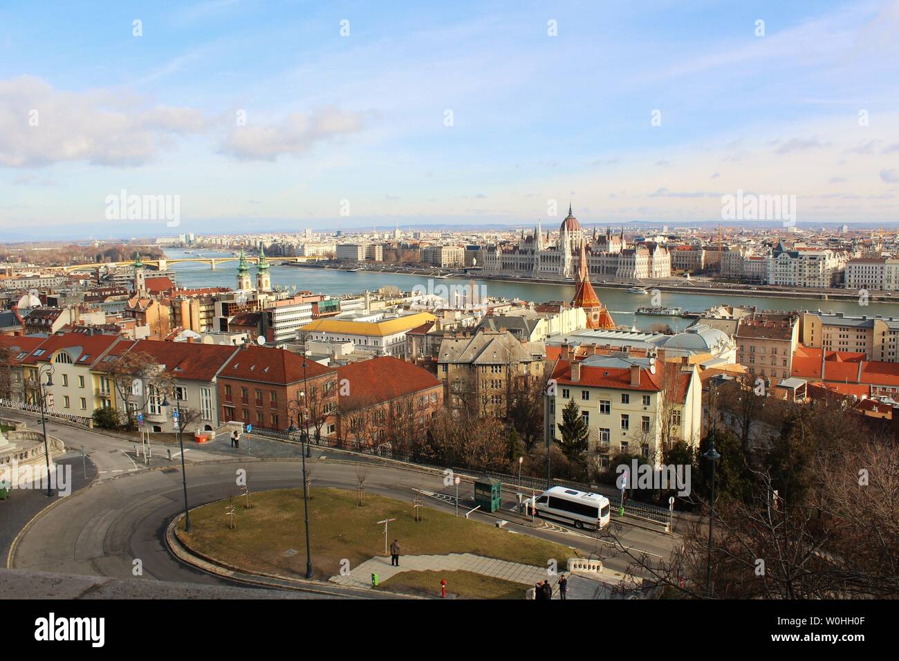 View from Fisherman's Bastion, of the Hungarian capital city of Budapest, including the iconic Danube River, House of Parliament and Margaret Bridge. Stock Photo