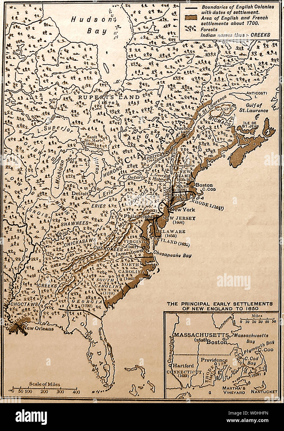 A 1930's schoolbook map showing the  French and English settlements in North America and Canada 1650 and 1700 Stock Photo