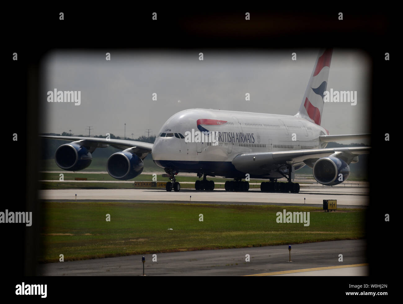 British Airways' new Airbus A380 taxis after its inaugural arrival to