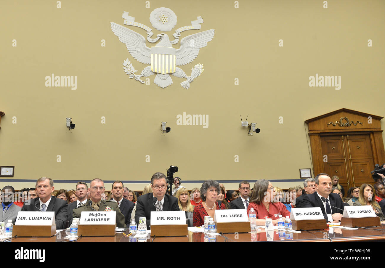 (L-R) Asst. Secretary of Defense Michael Lumpkin, Pentagon Dep. Director for Africa Political-Military Affairs MG James Lariviere, Homeland Security Inspector General John Roth, HHS Asst. Secretary Nicole Lurie, National Nurses United co-President Deborah Burger and International Medical Corps Senior VP Rabin Torbay attend a House Oversight and Government Reform Committee hearing on 'The Ebola Crisis: Coordination of a Multi-Agency Response, October 24, 2014, in Washington, DC. The hearing comes after a doctor who was working in West Africa with Ebola patients, began to show symptoms upon his Stock Photo