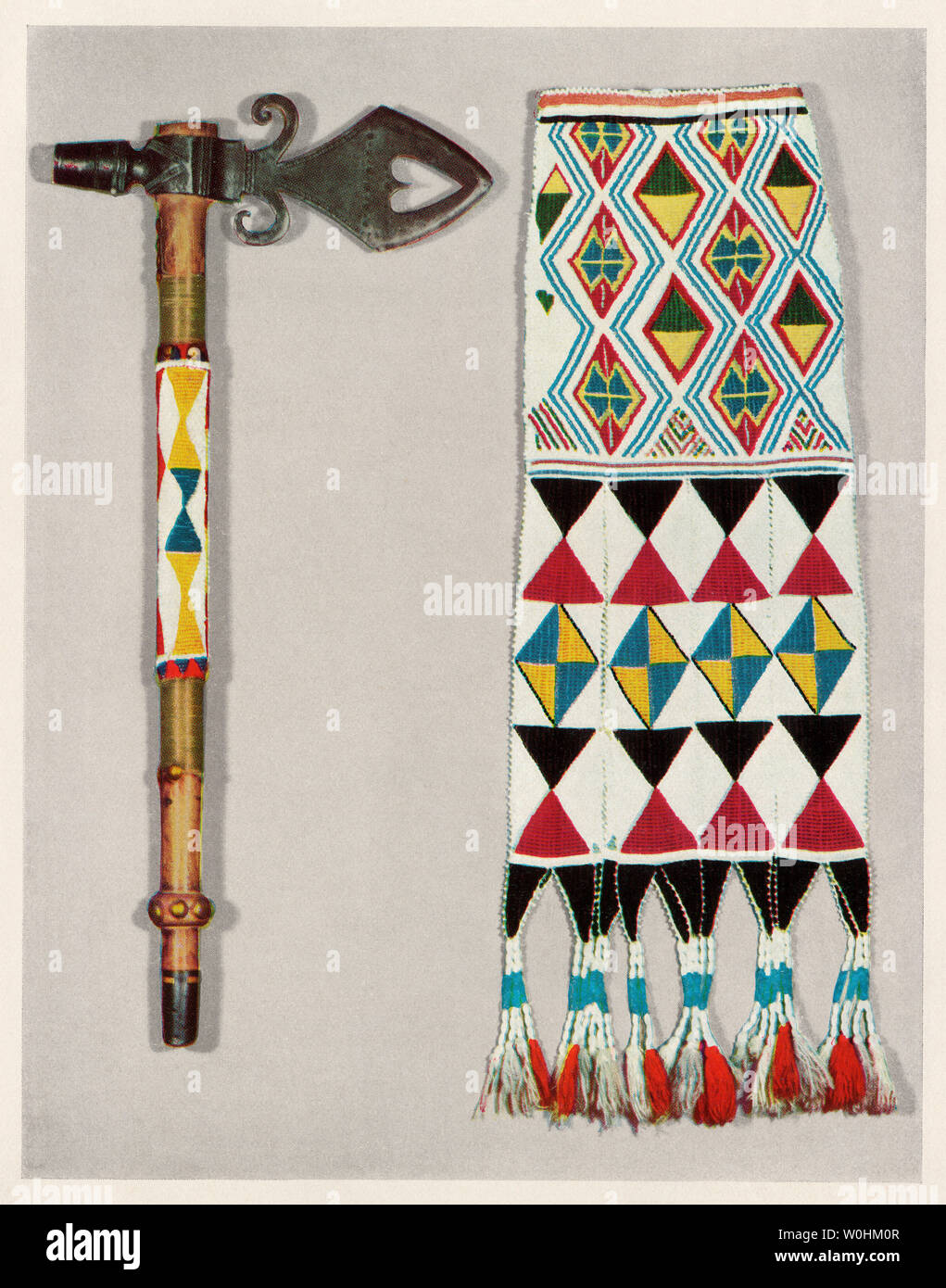 Tomahawk-pipe and a beaded tobacco pouch, friendship tokens used by Hudson Bay Company in Oregon. Color halftone of a photograph Stock Photo