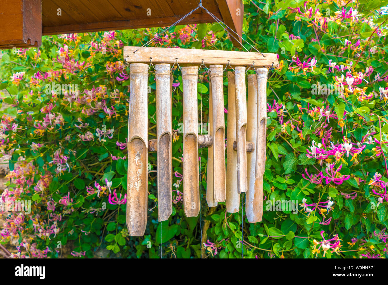An old set of bamboo wind chimes hanging from a cabin roof in front of a pretty flowering bush, in a suburban garden. England, UK. Stock Photo
