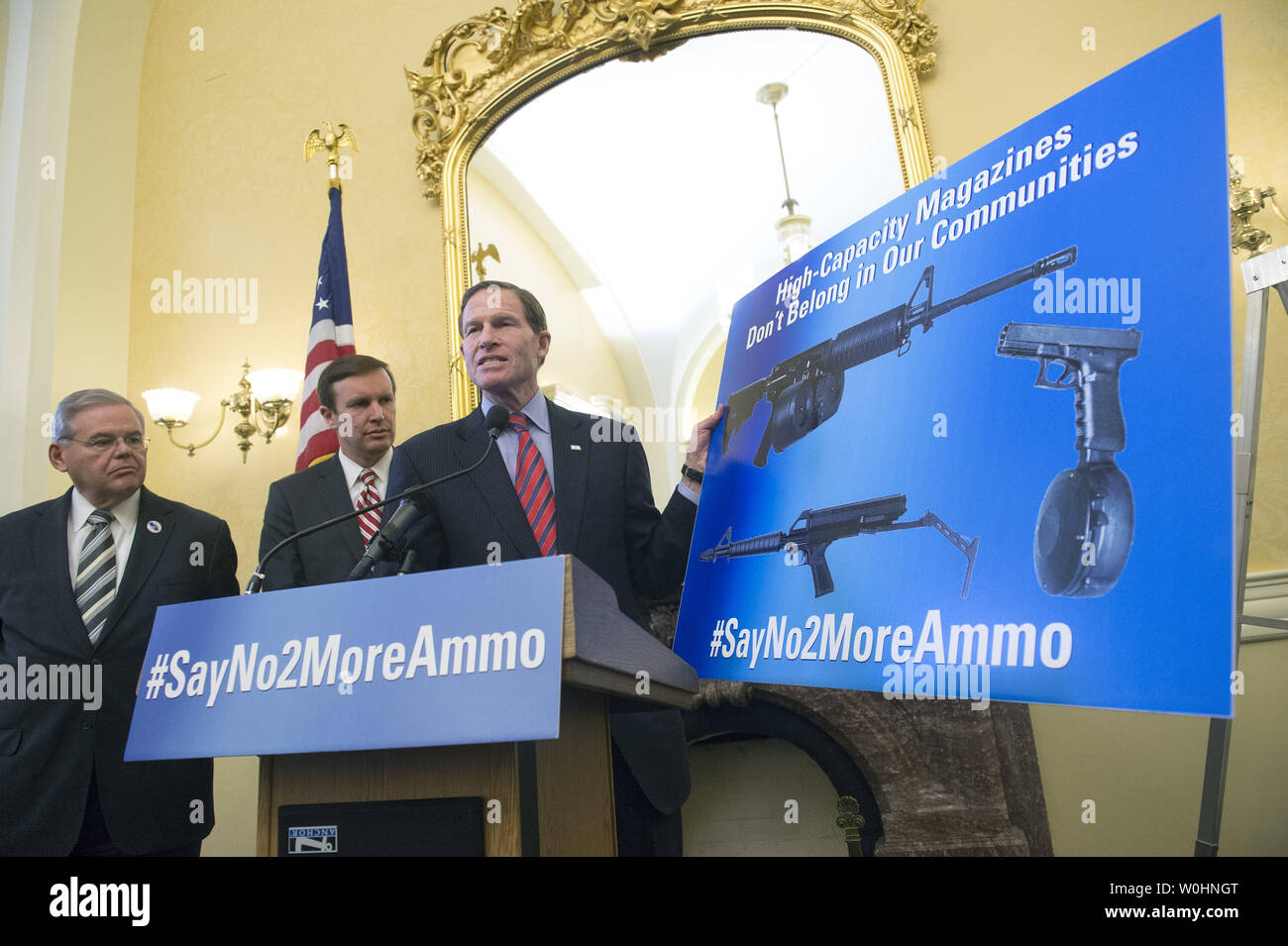 Sen. Richard Blumenthal (D-CN) speaks at a news conference to call attention to new gun violence prevention efforts and to unveil legislation that would limit 'high-capacity magazines, feeding devices of more than 10 rounds of ammunition that are designed for shooting,' on Capitol Hill in Washington, D.C. on February 5, 2015.  Photo by Kevin Dietsch/UPI. Stock Photo