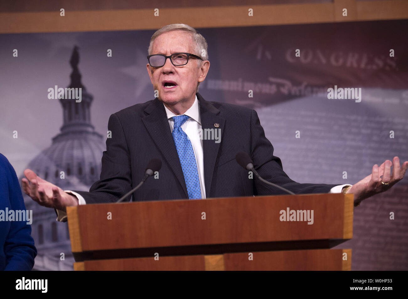 Senate Majority Leader Harry Reid speaks on the ongoing Department of Homeland Security (DHS) funding debate on Capitol Hill in Washington, D.C. on February 26, 2015. House Republicans are holding up funding to DHS in protest of President Obama's executive order on immigration. Photo by Kevin Dietsch/UPI Stock Photo