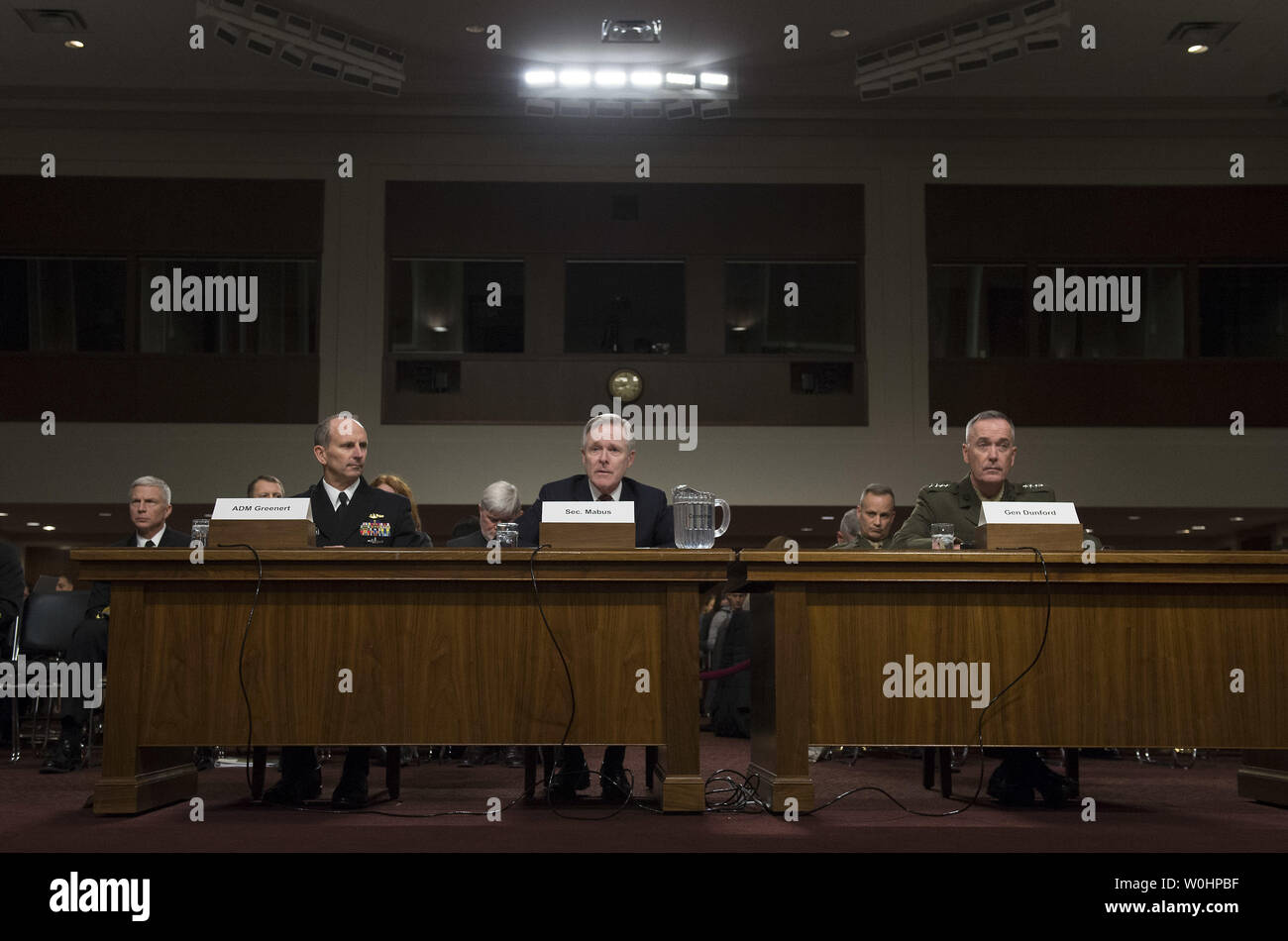 From left to right, Adm. John Greenert, Chief of Naval Operations, Secretary of the Navy Raymond Mabus Jr., and Gen. Joseph Dunford Jr., commandant of the Marine Corp., testifies during a Senate Armed Services Committee hearing on the posture of the Navy in review of the Defense Authorization Request for FY2016, on Capitol Hill in Washington, D.C. on March 10, 2015. Photo by Kevin Dietsch/UPI Stock Photo