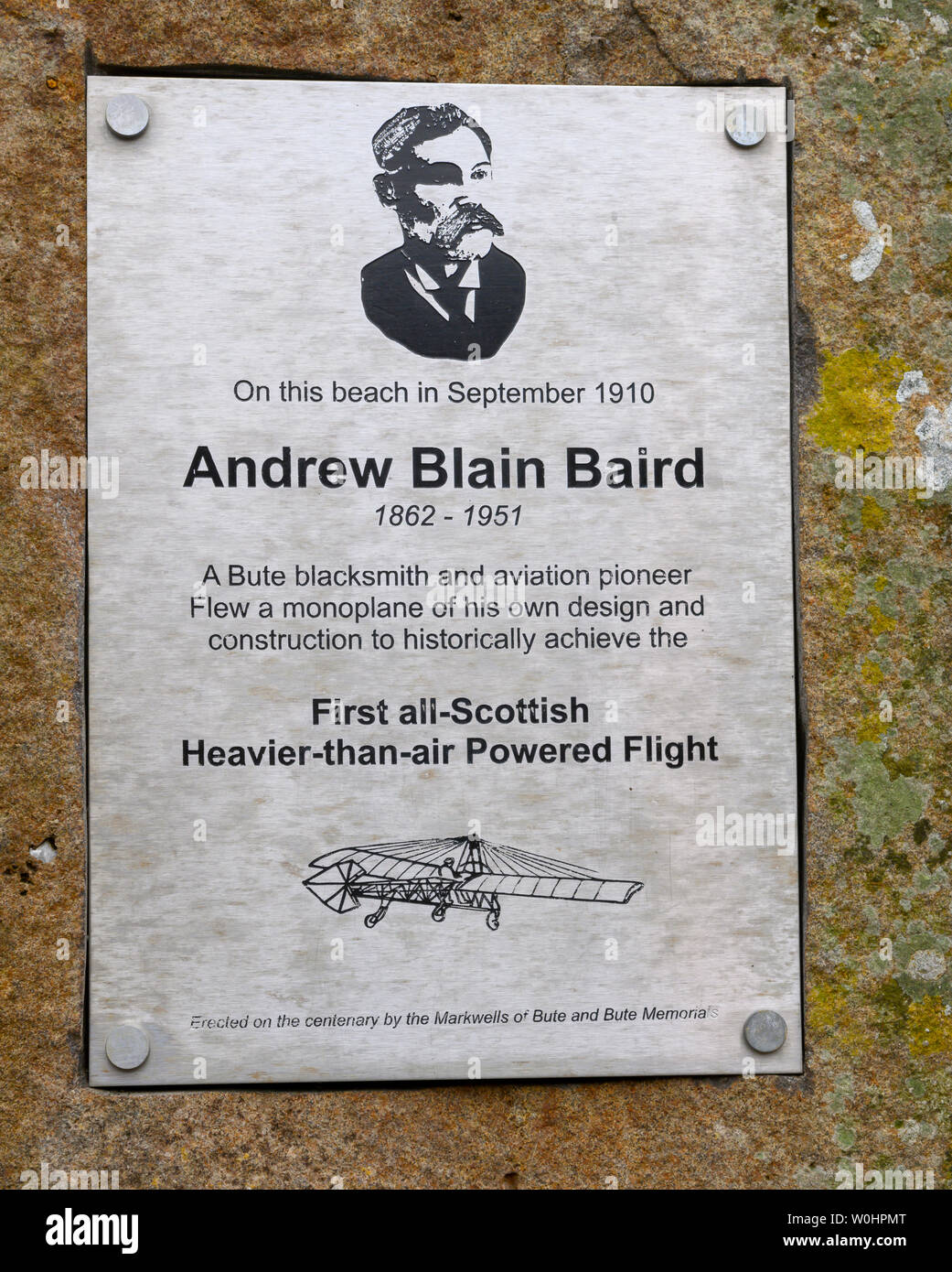 Memorial to Andrew Blain Baird an aviation pioneer at Ettrick bay, isle of Bute, Scotland, UK Stock Photo