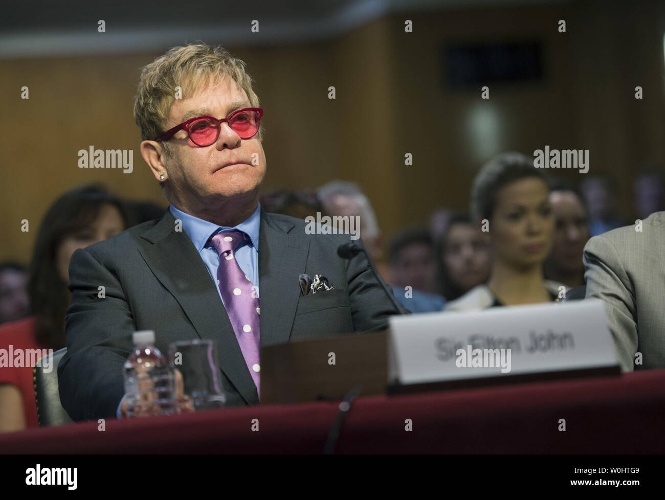 Entertainer and AIDS advocate Sir Elton John testifies during a Senate Appropriations Subcommittee hearing on funding for global health programs on Capitol Hill in Washington, D.C. on May 6, 2015. Photo by Kevin Dietsch/UPI Stock Photo