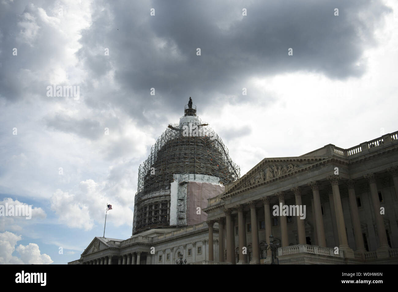 The U.S. Capitol Building is seen prior to a Senate vote on the U.S.A. Freedom Act during a rare Sunday session on Capitol Hill in Washington, D.C. on May 31, 2015. Three intelligence tools are set to expire later today with the Patriot Act, including the NSA's bulk collection of Americans' phone records. Lawmakers are debating the House's U.S.A Freedom Act which will renew certain intelligence tools. Photo by Kevin Dietsch/UPI. Stock Photo