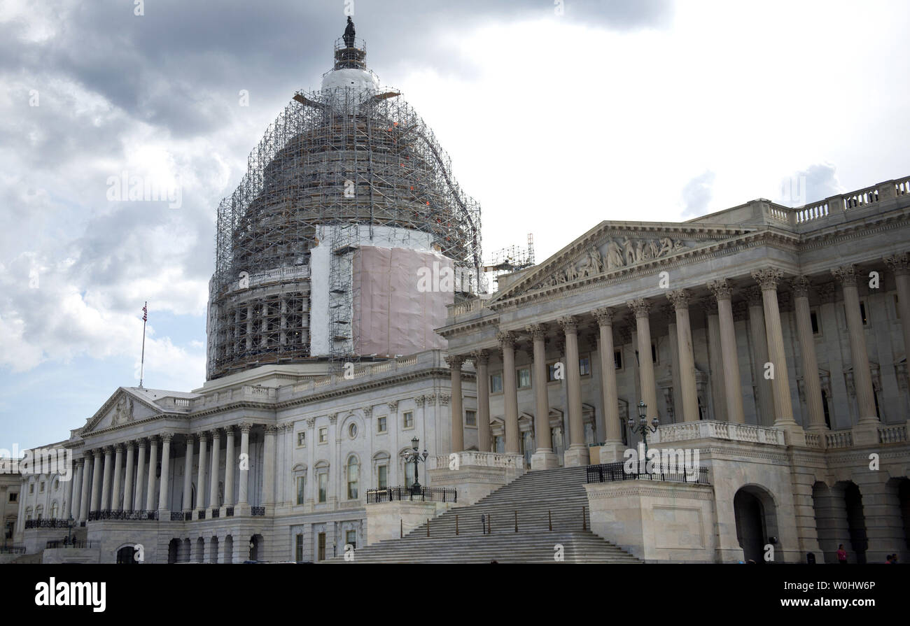 The U.S. Capitol Building is seen prior to a Senate vote on the U.S.A. Freedom Act during a rare Sunday session on Capitol Hill in Washington, D.C. on May 31, 2015. Three intelligence tools are set to expire later today with the Patriot Act, including the NSA's bulk collection of Americans' phone records. Lawmakers are debating the House's U.S.A Freedom Act which will renew certain intelligence tools. Photo by Kevin Dietsch/UPI. Stock Photo