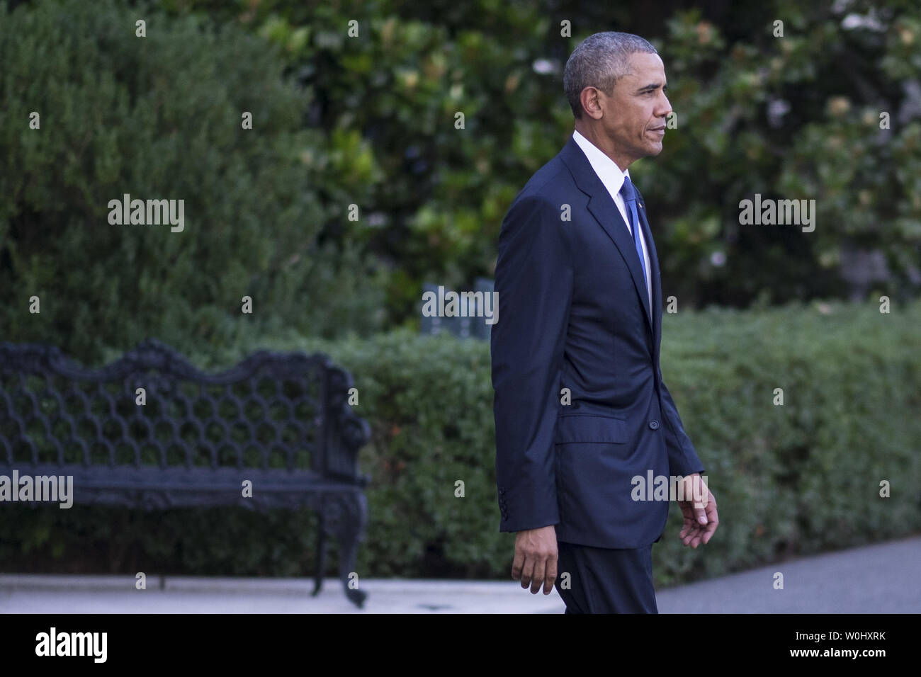 President Barack Obama makes his way from the residence to Marine One on the South Lawn of the White House on July 23, 2015 in Washington, D.C. as he departs for a trip to Ethiopia and Kenya, homeland of his father. Obama arrives in Kenya Friday, where he will attend the Global Entrepreneurship Summit in Nairobi. He will become the first American president to visit Ethiopia. Photo by Pete Marovich/UPI Stock Photo