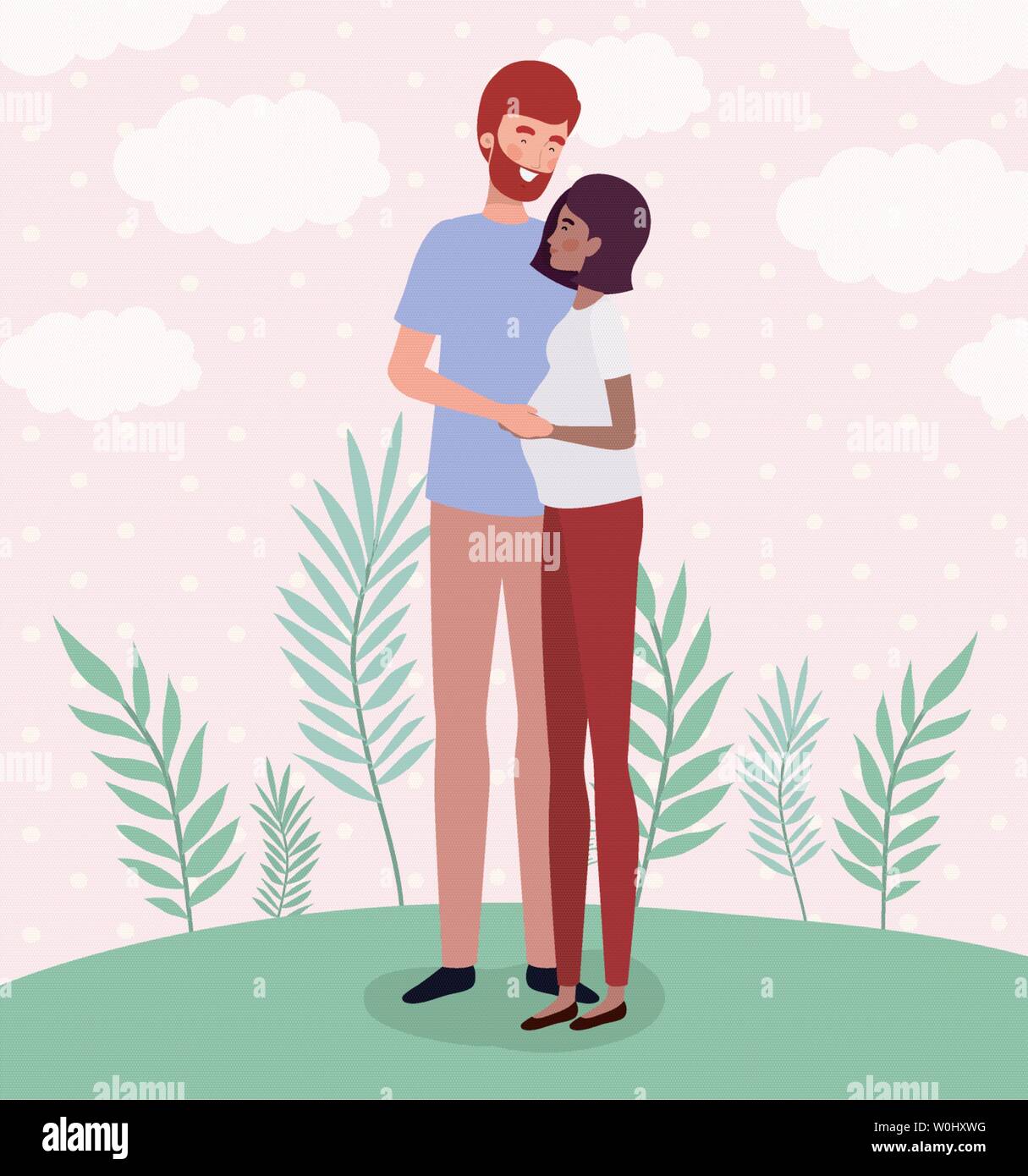 interracial lovers couple pregnancy characters in the landscape Stock ...