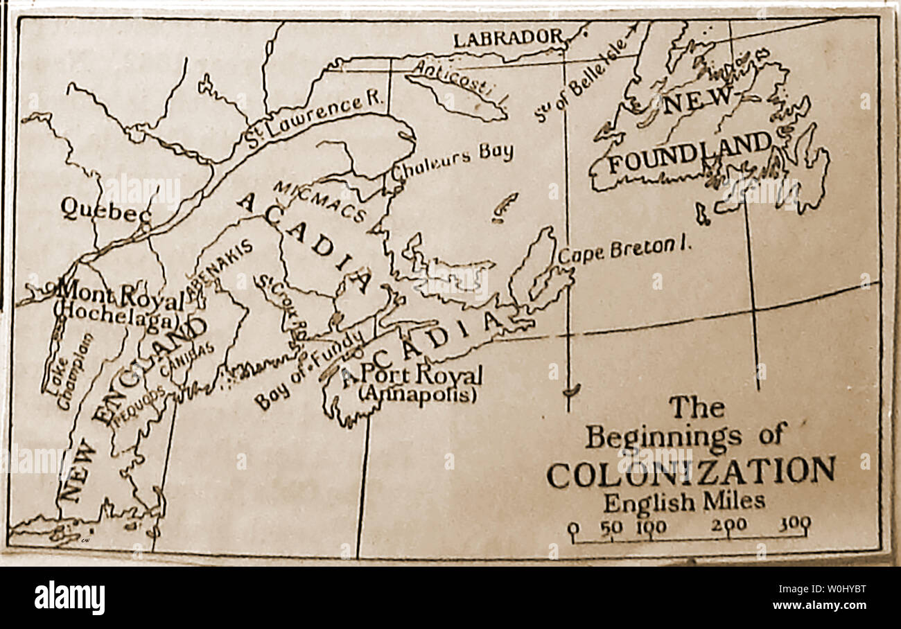A 1930's schoolbook map showing the beginnings of colonisation in North America & Canada including New Foundland,Labrador,Acadia, Mont Royal (Hochelaga), Port Royal (Annapolis) etc and native American Indian tribe names Stock Photo
