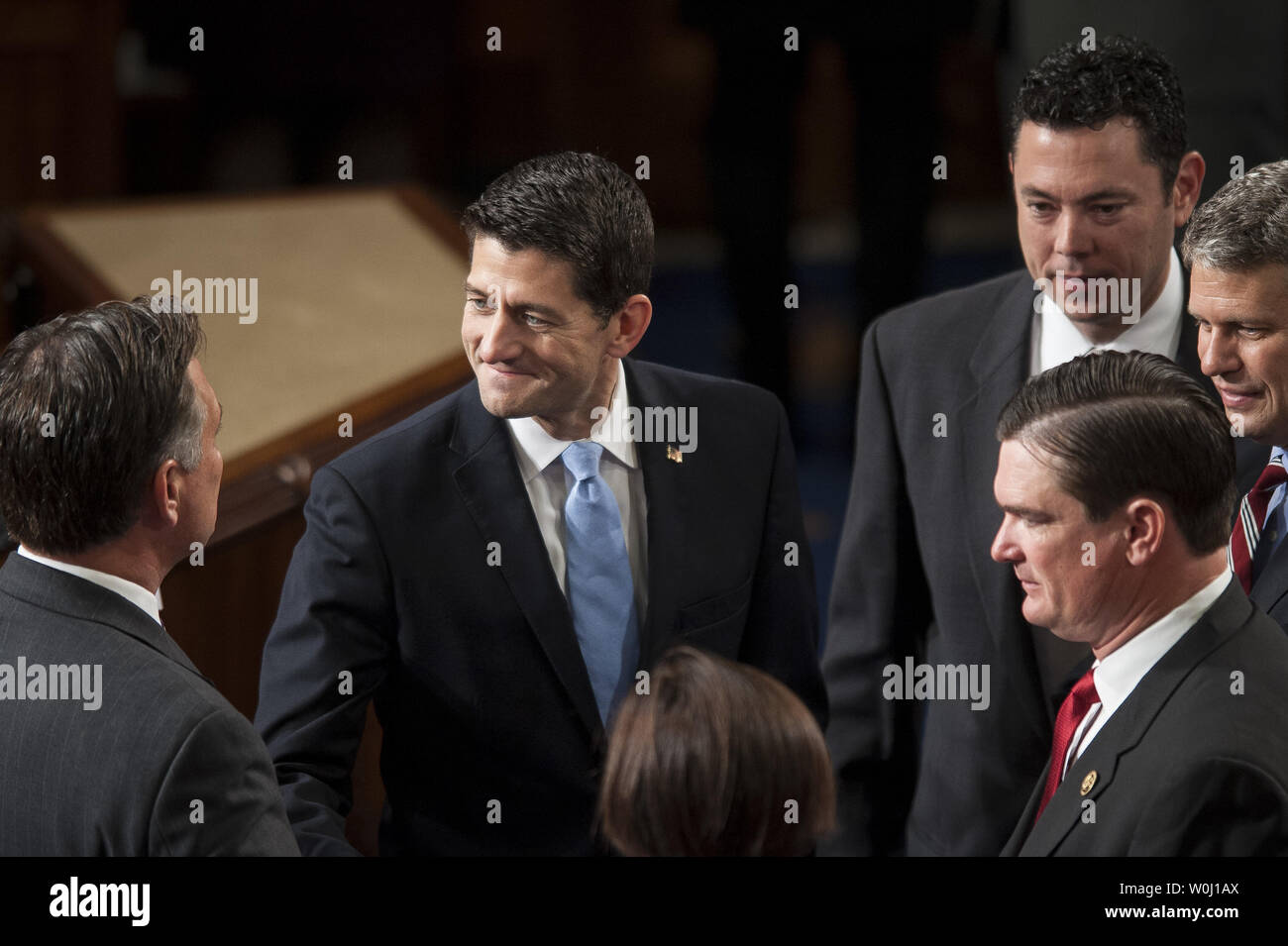 Republican caucus nominee for Speaker of the House, Rep. Paul Ryan (R-WI) is greeted by fellow Members of Congress on the floor  of the House of Representatives on October 29, 2015 in Washington, D.C.   Earlier, the outgoing Speaker, Rep. John Boehner (R-OH), gave his farewell address to Congress. He is retiring on October 30, 2015. Photo by Pete Marovich/UPI Stock Photo