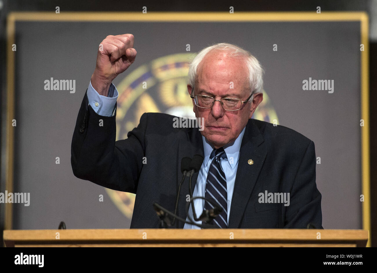 Presidential hopeful Sen. Bernie Sanders (I-VT) speaks on Democratic Socialism as he outlines his presidential agenda at Georgetown University in Washington, D.C. on November 19, 2015.  Sanders spoke about the widening income gap, America's high prison population and higher education. Photo by Kevin Dietsch/UPI Stock Photo