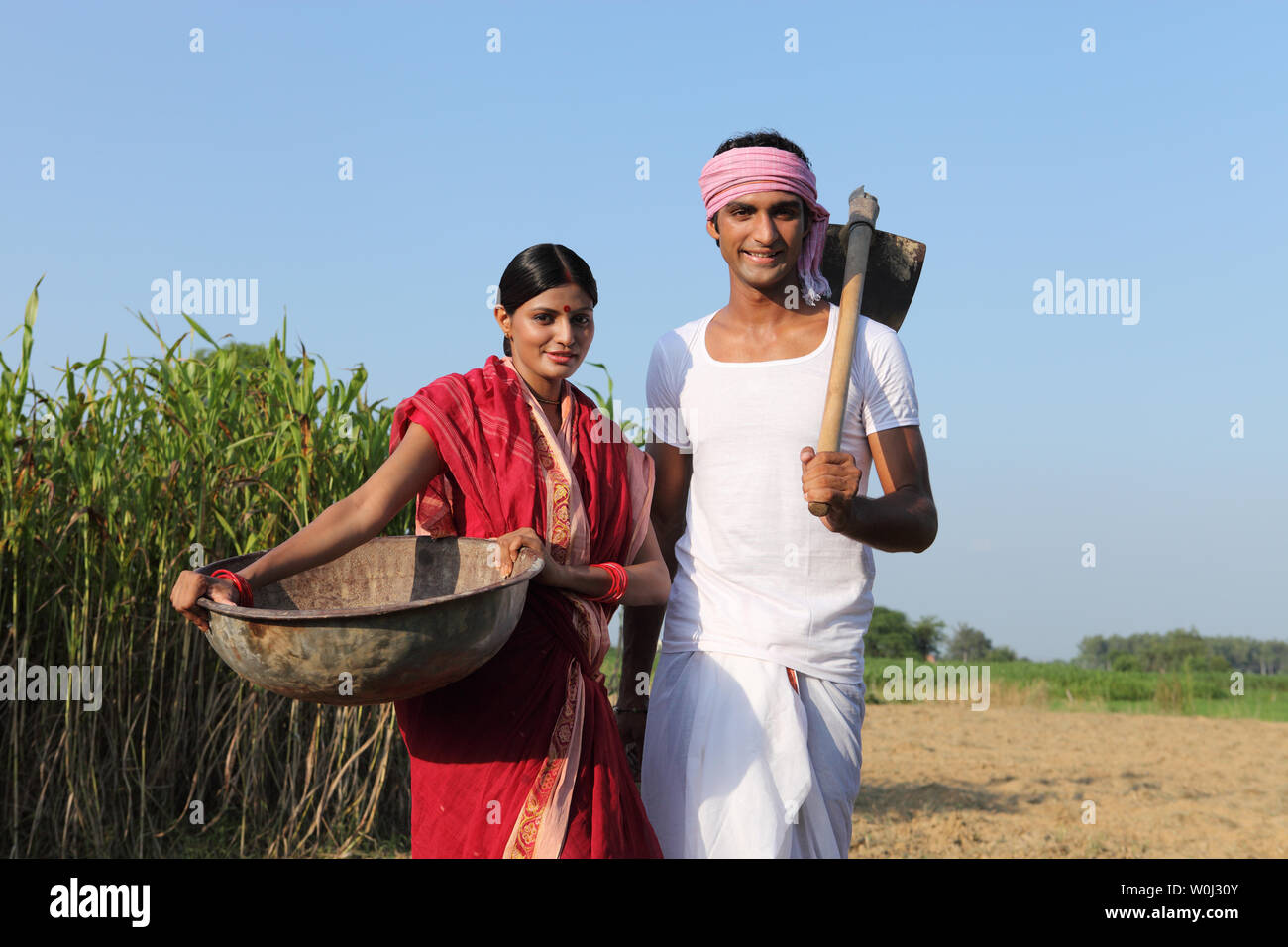 Indian farmer with his wife working in a field Stock Photo Alamy