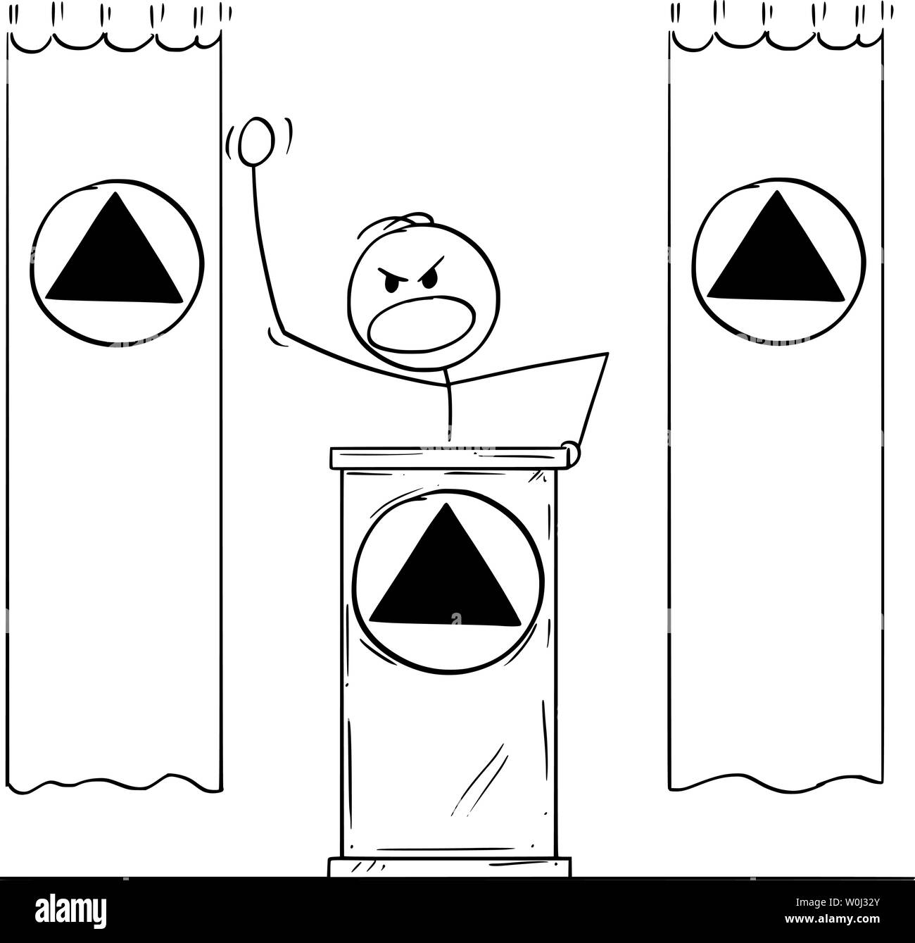 Vector cartoon stick figure drawing conceptual illustration of rude aggressive man or dictator speaking or having speech to public or followers on podium or behind lectern. Flags and symbols are around. Stock Vector