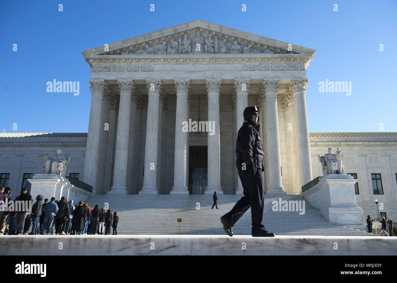 The Supreme Court is seen as the high court hears arguments in the Friedrichs v. California Teachers Association case, in Washington, D.C. on January 11, 2016. This case will decide whether California and twenty-two other states can make public-employees, such as public school teachers to pay union agency fees. Photo by Kevin Dietsch/UPI Stock Photo