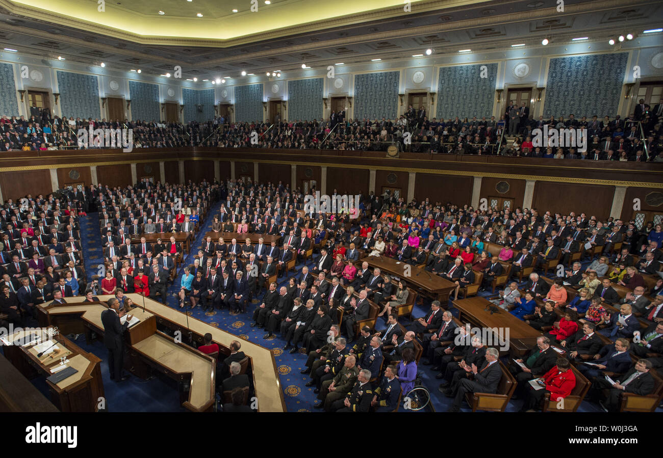 President Barack Obama delivers his State of the Union address before a joint session of Congress on Capitol Hill in Washington, DC on January 12, 2016.   The president addressed some of the anxieties of the nation while also noting the progress over the past seven years and his optimistic outlook for the country.   Photo by Pat Benic/UPI Stock Photo