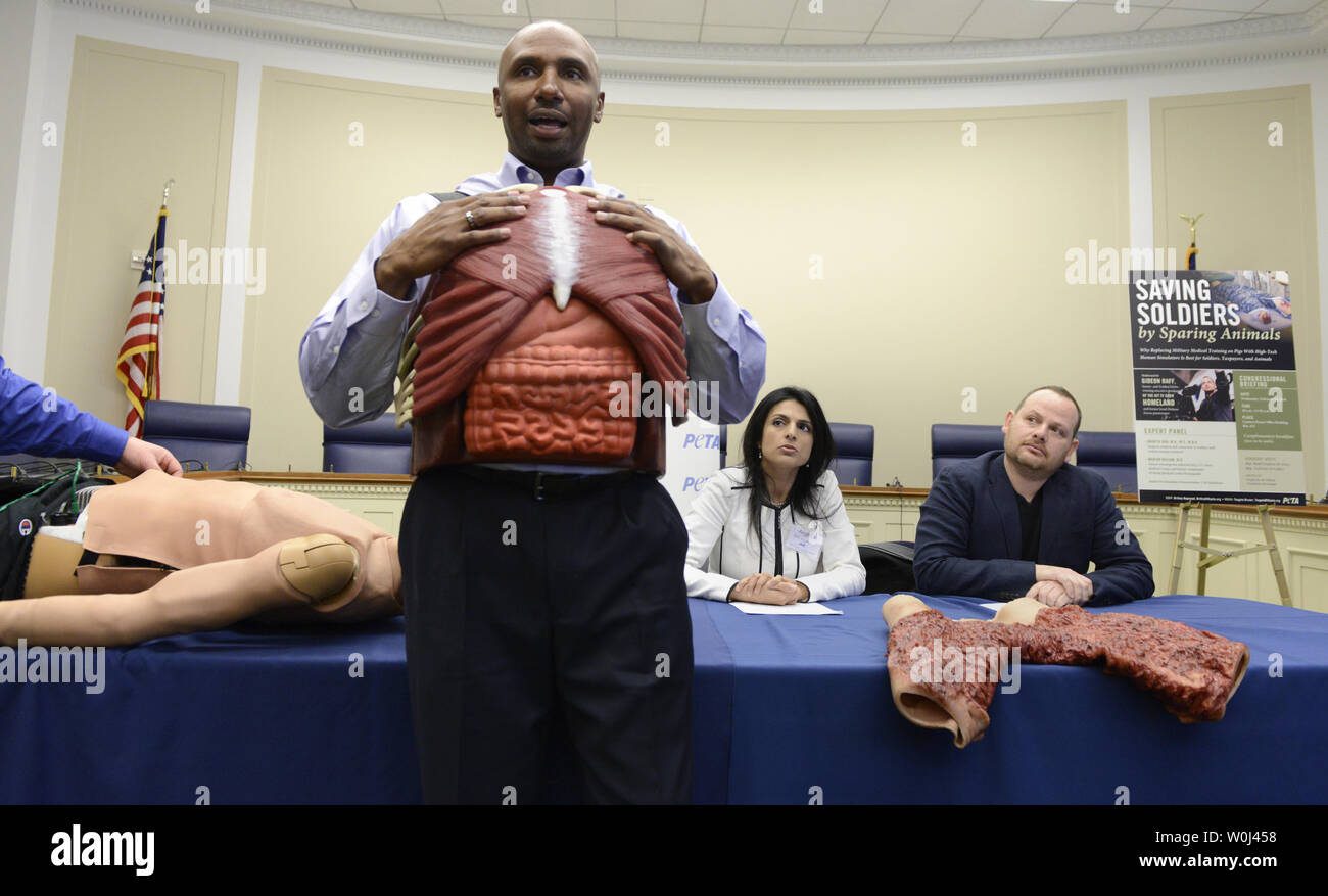 Cleveland Wiltz, a technician from Canadian Aviation Engineering (CAE) Health Care, demonstrates an upper body portion a human simulator for a demonstration on using simulators instead of animals in teaching battlefield trauma to medical personnel, during a briefing, February 10, 2016, on Capitol Hill,  in Washington, DC. A bill is before Congress proposing cost savings by using the technology and sparing animals, which is supported by People for the Ethical Treatment of Animals (PETA).     Photo by Mike Theiler/UPI Stock Photo